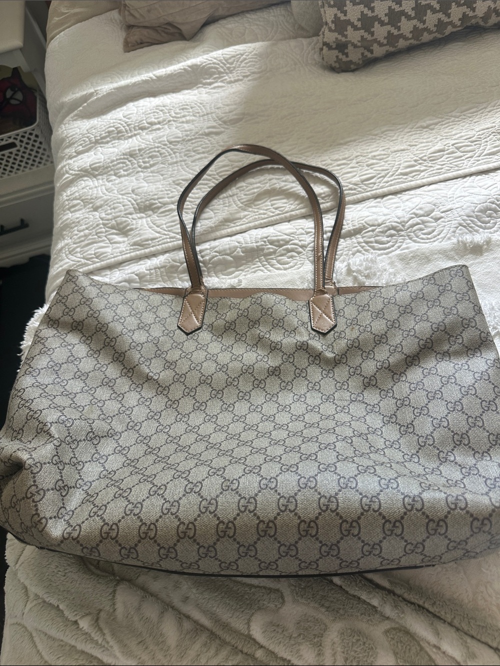 Fucci Beige Monogram Tote with Brown Leather Handles